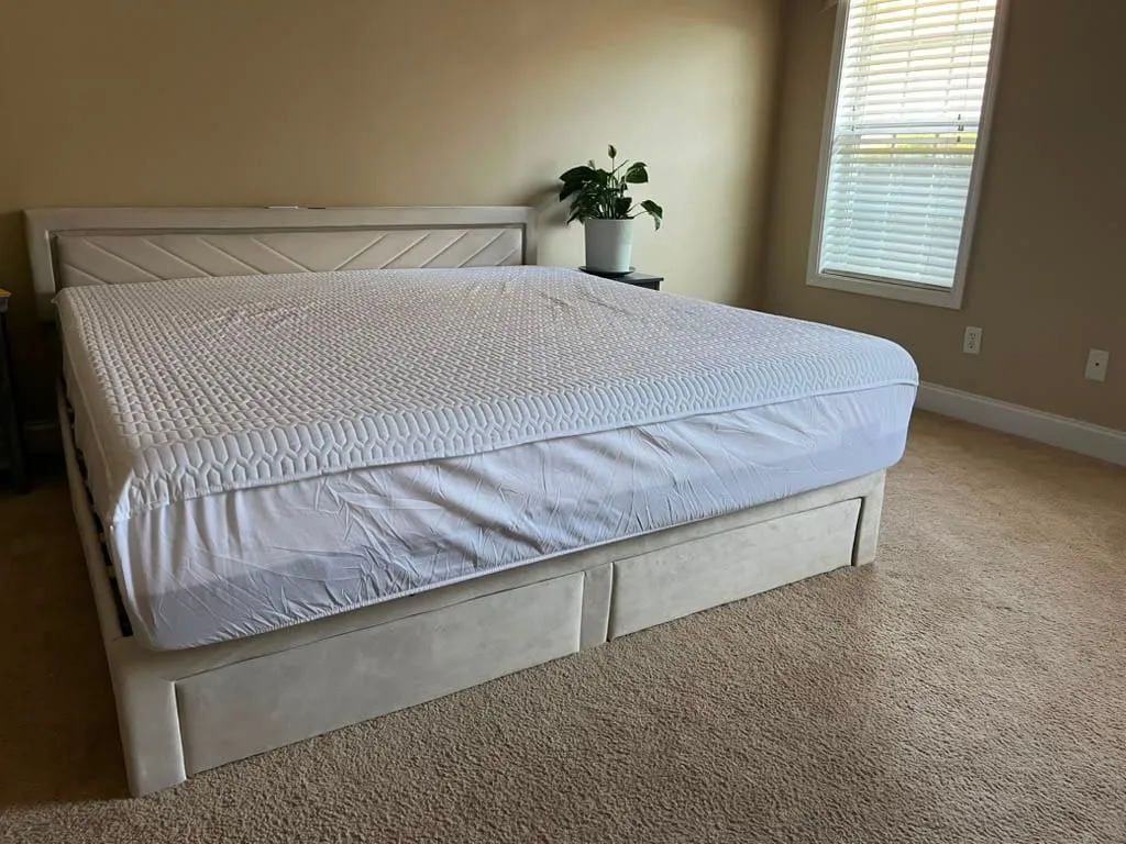 Fully assembled bed frame with mattress in place